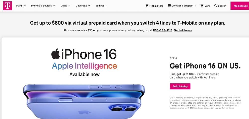 A screenshot of the T-Mobile website.